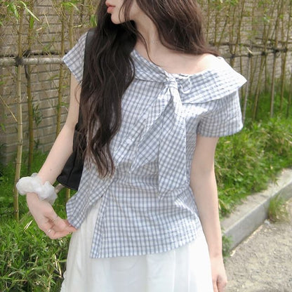 Short Sleeve Collared Plaid Asymmetrical Blouse