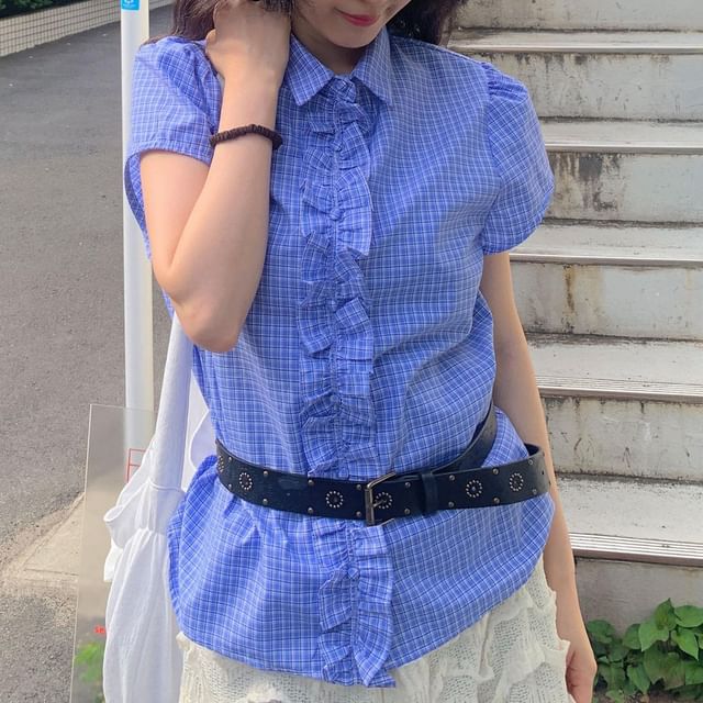 Short Sleeve Collared Ruffle Blouse