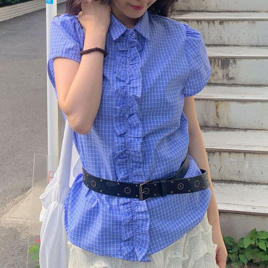 Short Sleeve Collared Ruffle Blouse