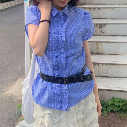 Short Sleeve Collared Ruffle Blouse