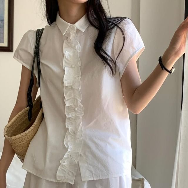 Short Sleeve Collared Ruffle Blouse