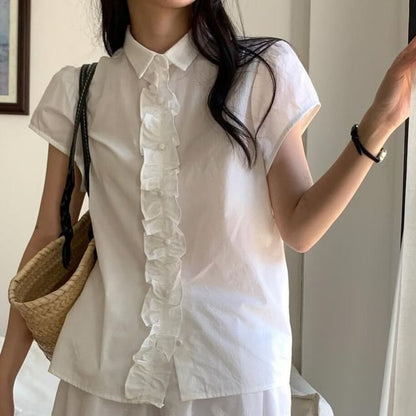 Short Sleeve Collared Ruffle Blouse