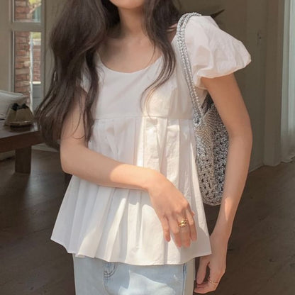 Puff Short Sleeve Scoop Neck Plain Pleated Blouse