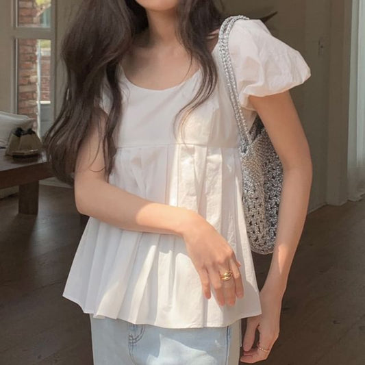 Puff Short Sleeve Scoop Neck Plain Pleated Blouse