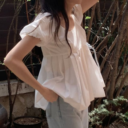 Puff Short Sleeve Scoop Neck Plain Pleated Blouse