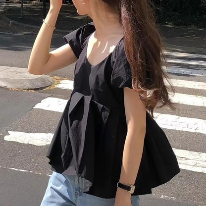 Puff Short Sleeve Scoop Neck Plain Pleated Blouse