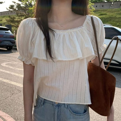 Puff Short Sleeve Square Neck Plain Ruffle Lace Trim Blouse