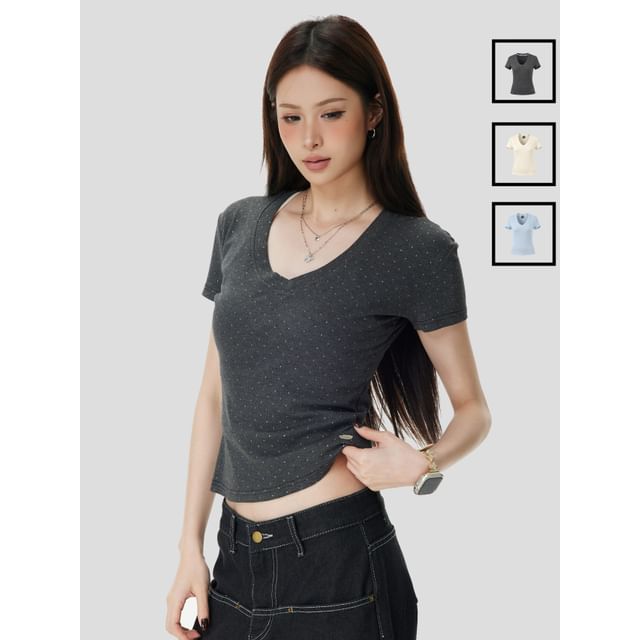 Rhinestone V-Neck Crop T-Shirt