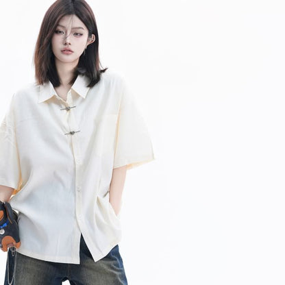 Elbow-Sleeve Collared Plain Button Up Shirt