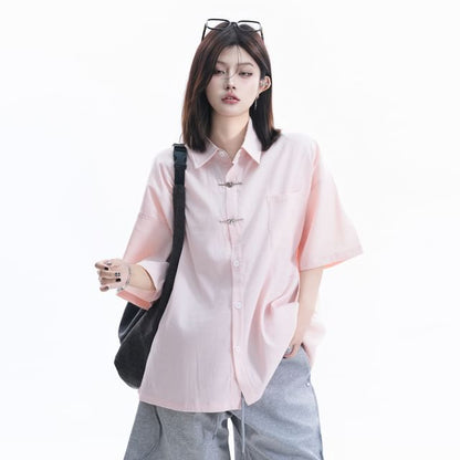 Elbow-Sleeve Collared Plain Button Up Shirt