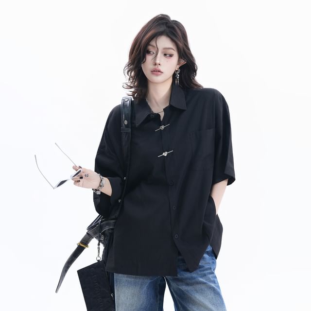 Elbow-Sleeve Collared Plain Button Up Shirt