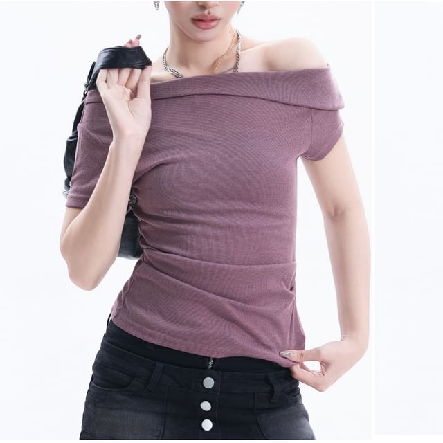 Short-Sleeve Off Shoulder Plain Ruched T-Shirt