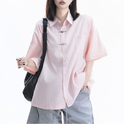 Elbow-Sleeve Collared Plain Button Up Shirt