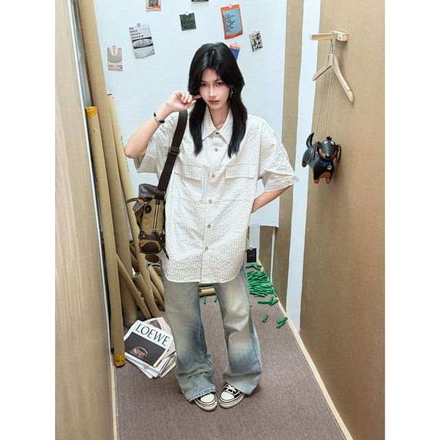 Short-Sleeve Collared Plain textured Button Up Shirt