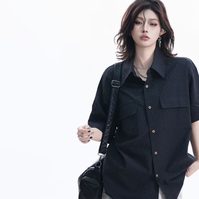 Short-Sleeve Collared Plain textured Button Up Shirt