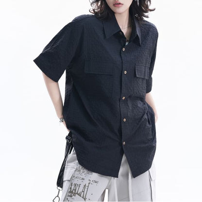 Short-Sleeve Collared Plain textured Button Up Shirt