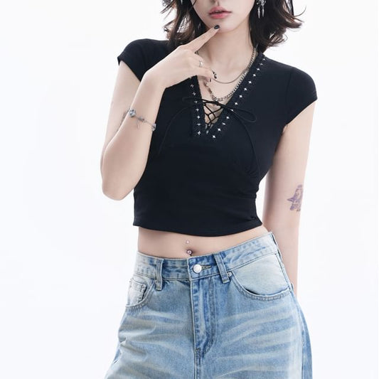 Cap-Sleeve V-Neck Plain Lace Up Crop T-Shirt