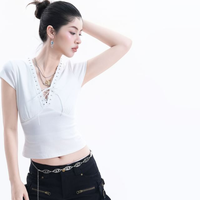 Cap-Sleeve V-Neck Plain Lace Up Crop T-Shirt