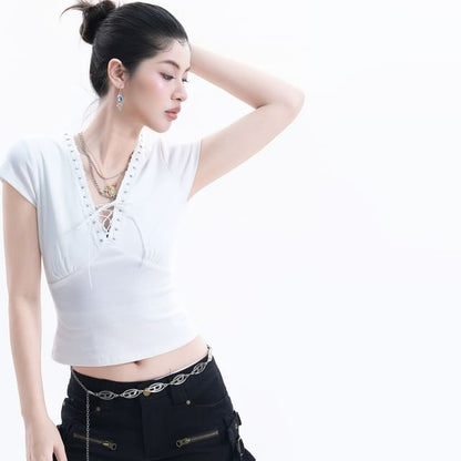 Cap-Sleeve V-Neck Plain Lace Up Crop T-Shirt