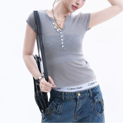 Short-Sleeve Henley Neck Plain Crop T-Shirt