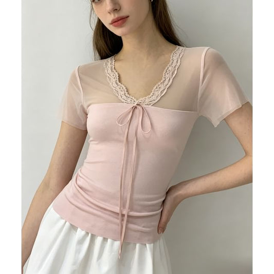 Short Sleeve V-Neck Lace-Trim Tie-Front Sheer Panel Slim-Fit Top