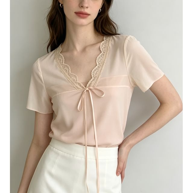 Short Sleeve V-Neck Lace-Trim Tie-Front Sheer Panel Slim-Fit Top