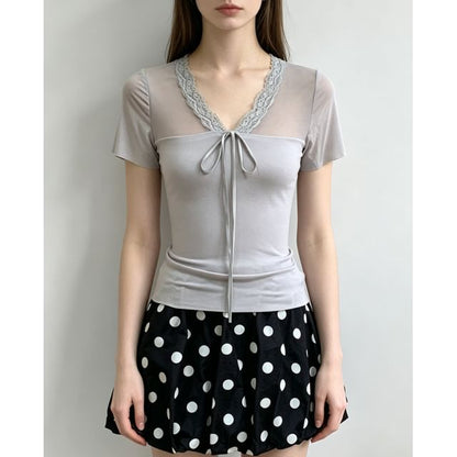 Short Sleeve V-Neck Lace-Trim Tie-Front Sheer Panel Slim-Fit Top