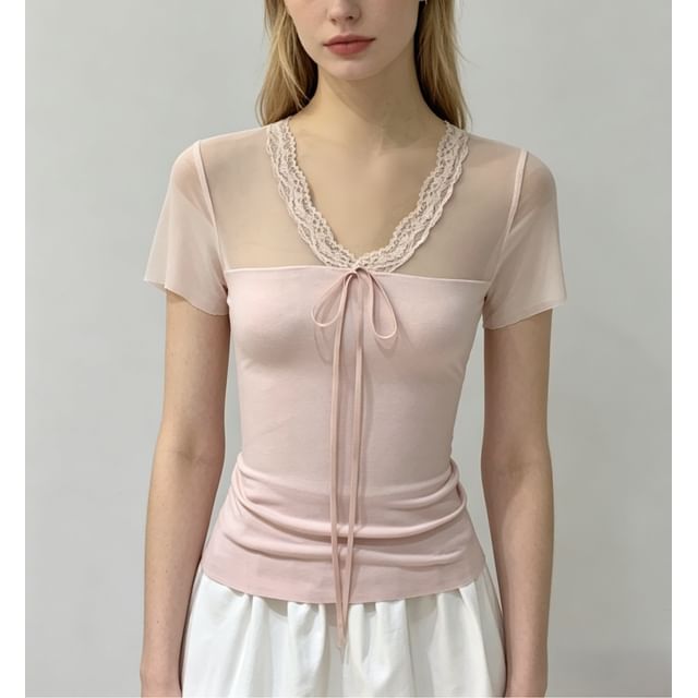 Short Sleeve V-Neck Lace-Trim Tie-Front Sheer Panel Slim-Fit Top