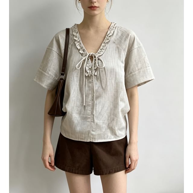 Short Sleeve V-Neck Tie Neck Ruffled-Trim Loose-Fit Blouse