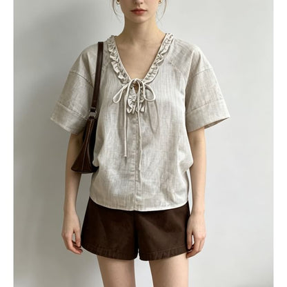 Short Sleeve V-Neck Tie Neck Ruffled-Trim Loose-Fit Blouse
