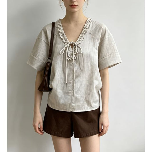 Short Sleeve V-Neck Tie Neck Ruffled-Trim Loose-Fit Blouse