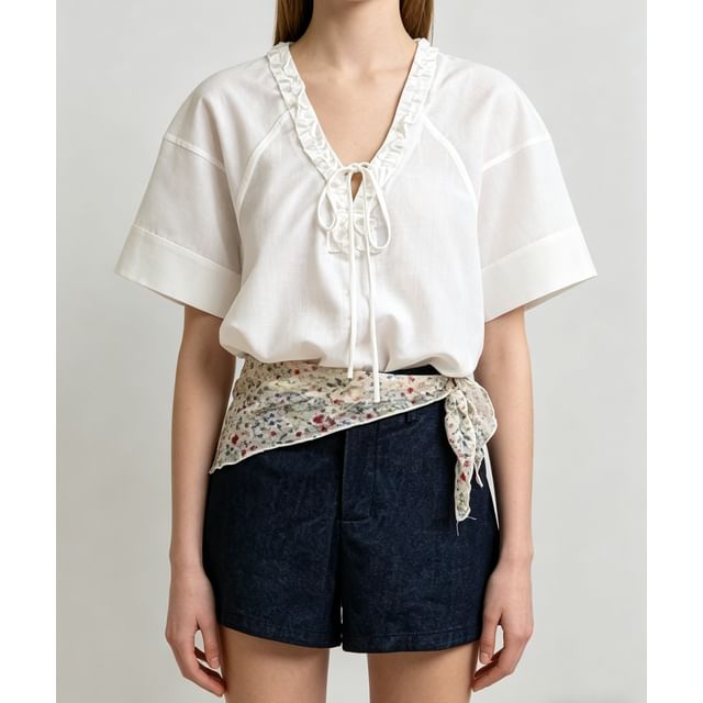 Short Sleeve V-Neck Tie Neck Ruffled-Trim Loose-Fit Blouse