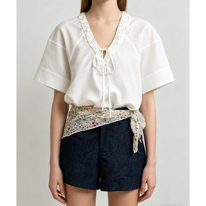 Short Sleeve V-Neck Tie Neck Ruffled-Trim Loose-Fit Blouse