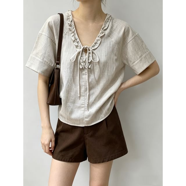Short Sleeve V-Neck Tie Neck Ruffled-Trim Loose-Fit Blouse