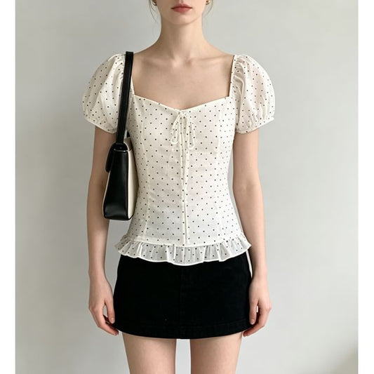 Puff Sleeve Square-Neck Polka Dot Ruffled Hem Slim-Fit Blouse