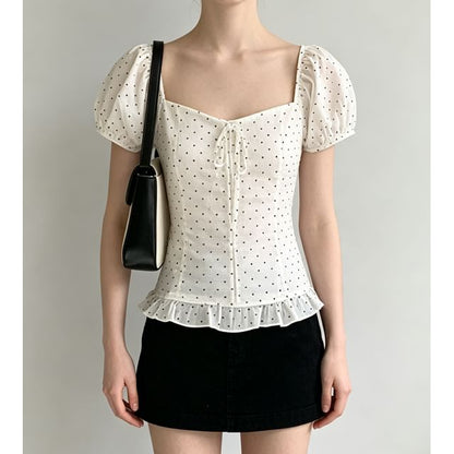 Puff Sleeve Square-Neck Polka Dot Ruffled Hem Slim-Fit Blouse