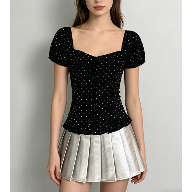 Puff Sleeve Square-Neck Polka Dot Ruffled Hem Slim-Fit Blouse