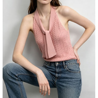 Halter V-Neck Tie-Front Plain Cable Knit Slim-Fit Tank Top