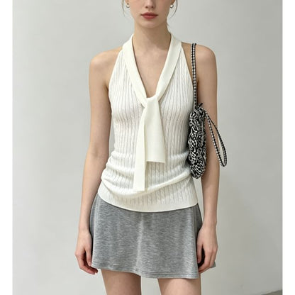 Halter V-Neck Tie-Front Plain Cable Knit Slim-Fit Tank Top