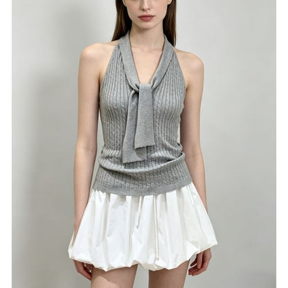 Halter V-Neck Tie-Front Plain Cable Knit Slim-Fit Tank Top