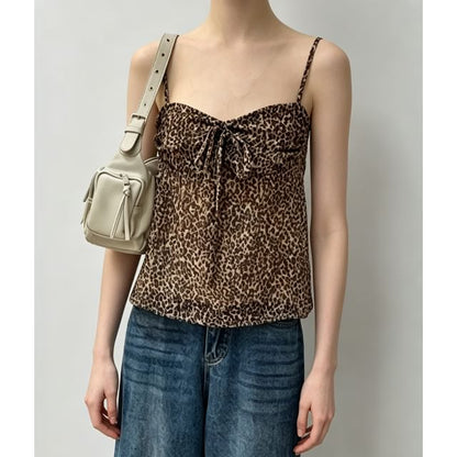Sweetheart Neckline Leopard Print Tie-Front Camisole Top