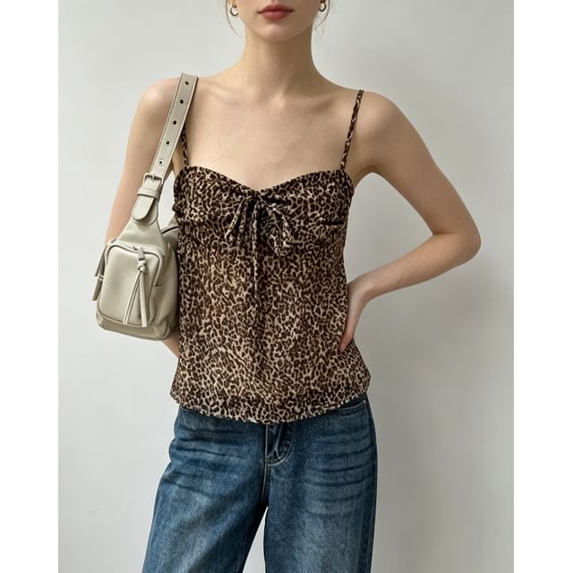 Sweetheart Neckline Leopard Print Tie-Front Camisole Top