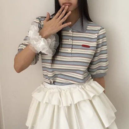 Striped Contrast Trim Polo Shirt with Short Sleeves