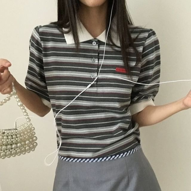 Striped Contrast Trim Polo Shirt with Short Sleeves