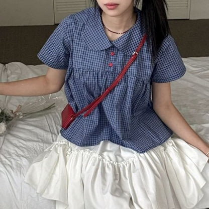 Peter Pan Collar Plaid Blouse with Short Sleeves