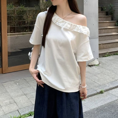 Off-Shoulder Ruffle Trim Short-Sleeve T-Shirt