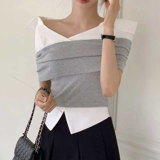 Two-Tone Off-Shoulder Ruched Blouse with Short Sleeves