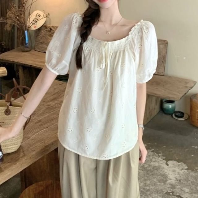 Puff-Sleeve Off-Shoulder Eyelet Blouse with Frill Trim