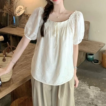 Puff-Sleeve Off-Shoulder Eyelet Blouse with Frill Trim