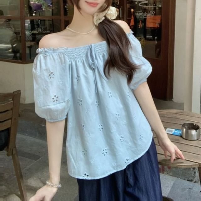 Puff-Sleeve Off-Shoulder Eyelet Blouse with Frill Trim